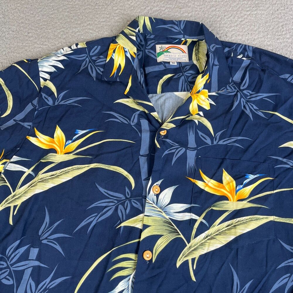 Paradise Found Hawaiian Shirt Mens M Blue Bamboo Floral Button Aloha Vacation